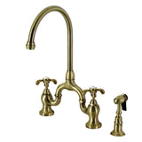 French Country Two-Handle 3-Hole Deck Mount Bridge Kitchen Faucet with Brass Side Sprayer