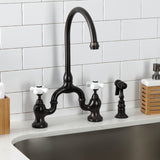 English Country Two-Handle 3-Hole Deck Mount Bridge Kitchen Faucet with Brass Side Sprayer