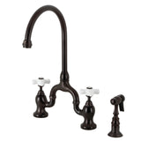 English Country Two-Handle 3-Hole Deck Mount Bridge Kitchen Faucet with Brass Side Sprayer