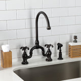 French Country Two-Handle 3-Hole Deck Mount Bridge Kitchen Faucet with Brass Side Sprayer