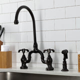 French Country Two-Handle 3-Hole Deck Mount Bridge Kitchen Faucet with Brass Side Sprayer