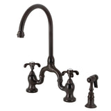 French Country Two-Handle 3-Hole Deck Mount Bridge Kitchen Faucet with Brass Side Sprayer