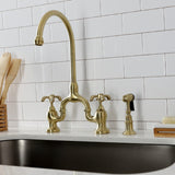 French Country Two-Handle 3-Hole Deck Mount Bridge Kitchen Faucet with Brass Side Sprayer