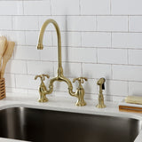 French Country Two-Handle 3-Hole Deck Mount Bridge Kitchen Faucet with Brass Side Sprayer