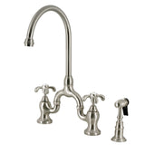 French Country Two-Handle 3-Hole Deck Mount Bridge Kitchen Faucet with Brass Side Sprayer