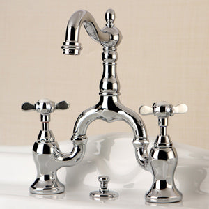 Essex Two-Handle 3-Hole Deck Mount Bridge Bathroom Faucet with Brass Pop-Up