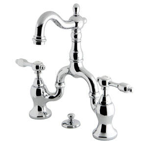 Tudor Two-Handle 3-Hole Deck Mount Bridge Bathroom Faucet with Brass Pop-Up