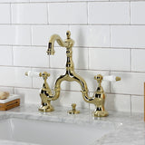 English Country Two-Handle 3-Hole Deck Mount Bridge Bathroom Faucet with Brass Pop-Up