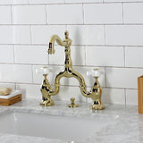 English Country Two-Handle 3-Hole Deck Mount Bridge Bathroom Faucet with Brass Pop-Up