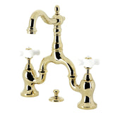 English Country Two-Handle 3-Hole Deck Mount Bridge Bathroom Faucet with Brass Pop-Up