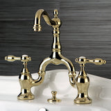 Tudor Two-Handle 3-Hole Deck Mount Bridge Bathroom Faucet with Brass Pop-Up