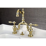 Tudor Two-Handle 3-Hole Deck Mount Bridge Bathroom Faucet with Brass Pop-Up