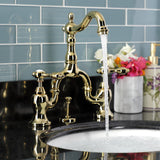 Tudor Two-Handle 3-Hole Deck Mount Bridge Bathroom Faucet with Brass Pop-Up