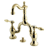 Tudor Two-Handle 3-Hole Deck Mount Bridge Bathroom Faucet with Brass Pop-Up