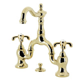 French Country Two-Handle 3-Hole Deck Mount Bridge Bathroom Faucet with Brass Pop-Up