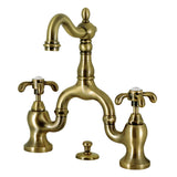 French Country Two-Handle 3-Hole Deck Mount Bridge Bathroom Faucet with Brass Pop-Up