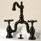 Essex Two-Handle 3-Hole Deck Mount Bridge Bathroom Faucet with Brass Pop-Up