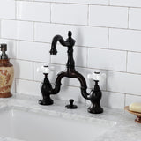 English Country Two-Handle 3-Hole Deck Mount Bridge Bathroom Faucet with Brass Pop-Up