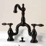 Tudor Two-Handle 3-Hole Deck Mount Bridge Bathroom Faucet with Brass Pop-Up