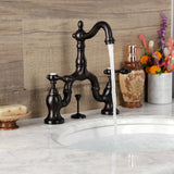 Tudor Two-Handle 3-Hole Deck Mount Bridge Bathroom Faucet with Brass Pop-Up