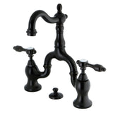 Tudor Two-Handle 3-Hole Deck Mount Bridge Bathroom Faucet with Brass Pop-Up