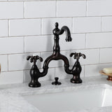 French Country Two-Handle 3-Hole Deck Mount Bridge Bathroom Faucet with Brass Pop-Up