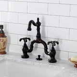 French Country Two-Handle 3-Hole Deck Mount Bridge Bathroom Faucet with Brass Pop-Up