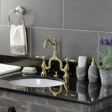 Tudor Two-Handle 3-Hole Deck Mount Bridge Bathroom Faucet with Brass Pop-Up