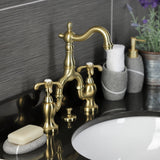 French Country Two-Handle 3-Hole Deck Mount Bridge Bathroom Faucet with Brass Pop-Up