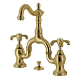 French Country Two-Handle 3-Hole Deck Mount Bridge Bathroom Faucet with Brass Pop-Up