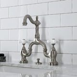 English Country Two-Handle 3-Hole Deck Mount Bridge Bathroom Faucet with Brass Pop-Up