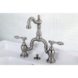 Tudor Two-Handle 3-Hole Deck Mount Bridge Bathroom Faucet with Brass Pop-Up