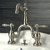 Tudor Two-Handle 3-Hole Deck Mount Bridge Bathroom Faucet with Brass Pop-Up