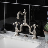 French Country Two-Handle 3-Hole Deck Mount Bridge Bathroom Faucet with Brass Pop-Up