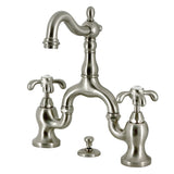 French Country Two-Handle 3-Hole Deck Mount Bridge Bathroom Faucet with Brass Pop-Up