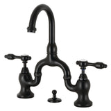 Tudor Two-Handle 3-Hole Deck Mount Bridge Bathroom Faucet with Brass Pop-Up