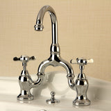 Essex Two-Handle 3-Hole Deck Mount Bridge Bathroom Faucet with Brass Pop-Up