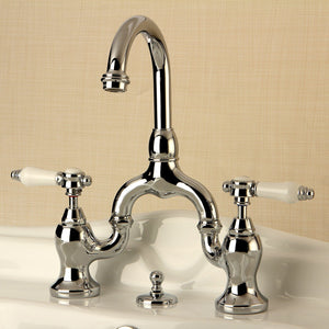 Bel-Air Two-Handle 3-Hole Deck Mount Bridge Bathroom Faucet with Brass Pop-Up