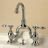 Tudor Two-Handle 3-Hole Deck Mount Bridge Bathroom Faucet with Brass Pop-Up