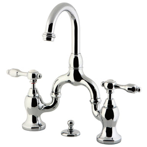 Tudor Two-Handle 3-Hole Deck Mount Bridge Bathroom Faucet with Brass Pop-Up