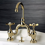 Essex Two-Handle 3-Hole Deck Mount Bridge Bathroom Faucet with Brass Pop-Up