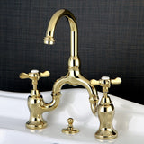 Essex Two-Handle 3-Hole Deck Mount Bridge Bathroom Faucet with Brass Pop-Up