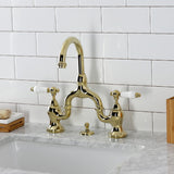 English Country Two-Handle 3-Hole Deck Mount Bridge Bathroom Faucet with Brass Pop-Up