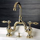 Tudor Two-Handle 3-Hole Deck Mount Bridge Bathroom Faucet with Brass Pop-Up