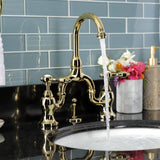 Tudor Two-Handle 3-Hole Deck Mount Bridge Bathroom Faucet with Brass Pop-Up