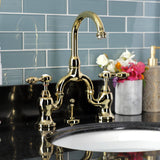 Tudor Two-Handle 3-Hole Deck Mount Bridge Bathroom Faucet with Brass Pop-Up