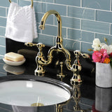 Tudor Two-Handle 3-Hole Deck Mount Bridge Bathroom Faucet with Brass Pop-Up