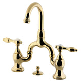 Tudor Two-Handle 3-Hole Deck Mount Bridge Bathroom Faucet with Brass Pop-Up