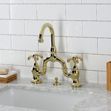 French Country Two-Handle 3-Hole Deck Mount Bridge Bathroom Faucet with Brass Pop-Up