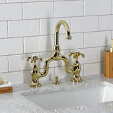 French Country Two-Handle 3-Hole Deck Mount Bridge Bathroom Faucet with Brass Pop-Up